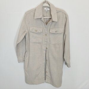 C By One Houndstooth Plaid Button-Up Long Line Cream Shirt Shacket Women Size L